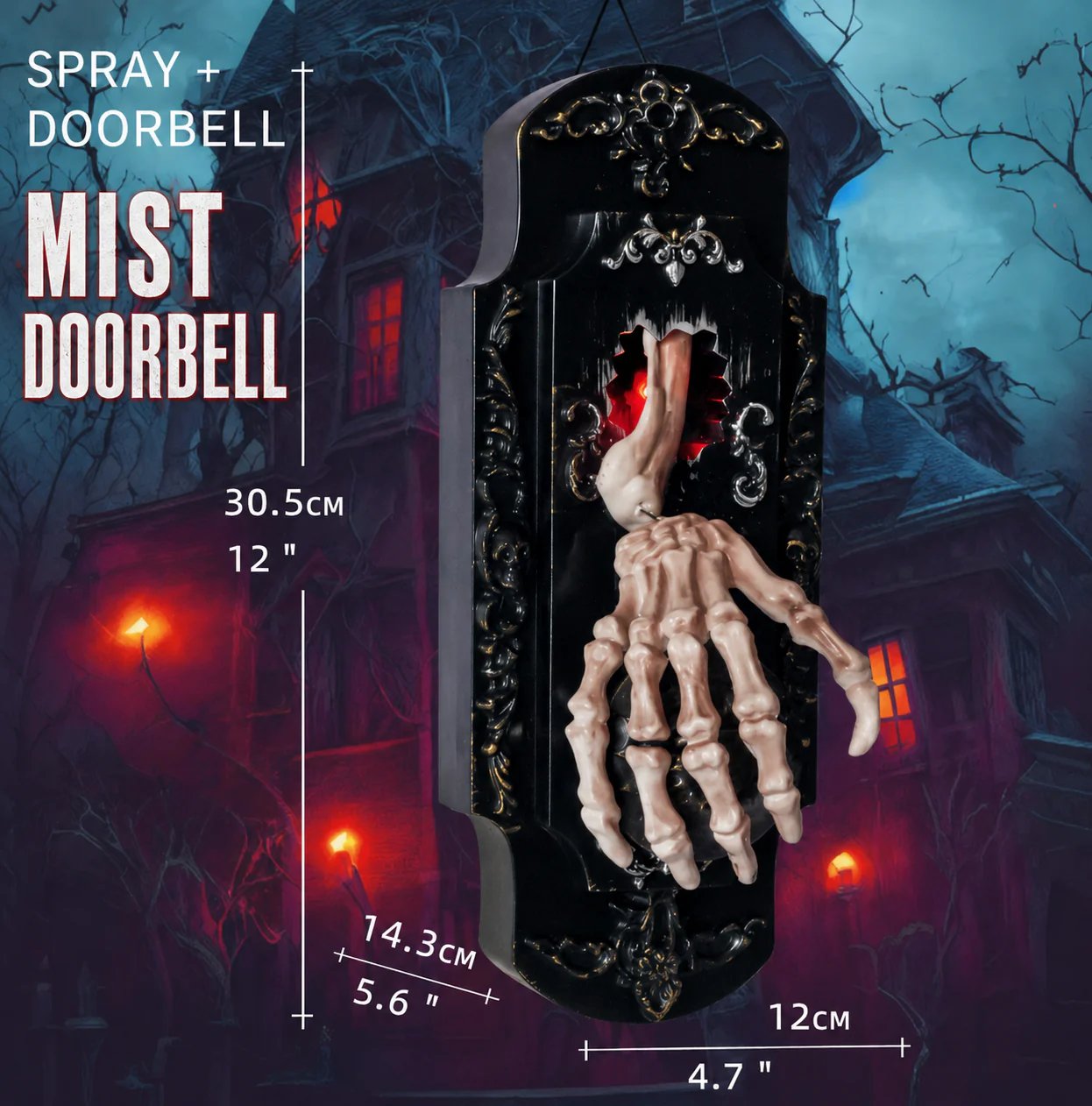 Package contents including skeleton hand doorbell and mounting accessories