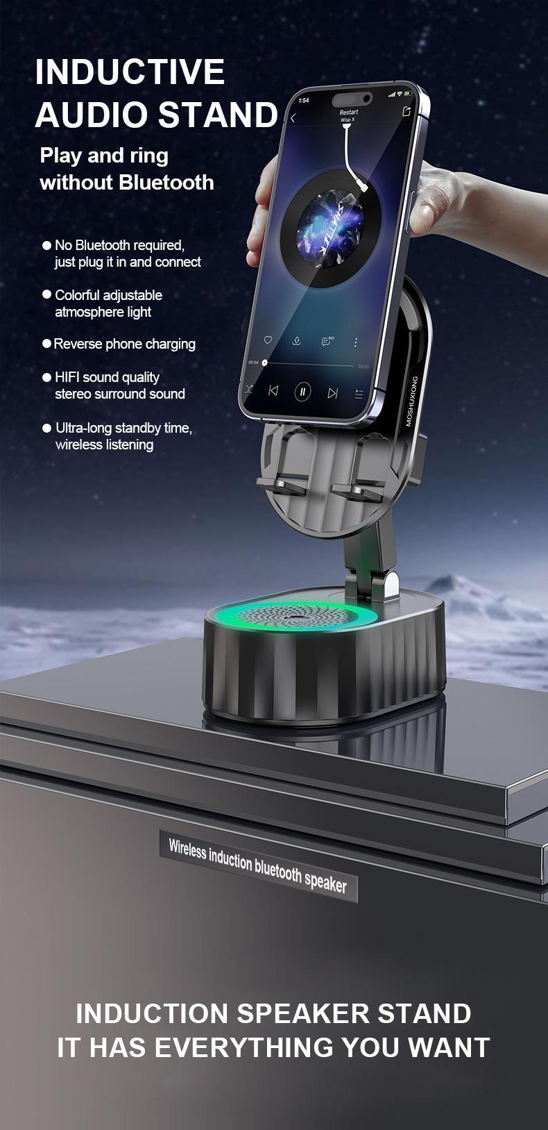 Product Introduction of AKLLCCR 5in1 Wireless Speaker Cell Phone Stand with Bluetooth/Induction Audio & Atmosphere Light/Power Bank, 5.3 HD Surround Subwoofer Sound,300° Rotable Foldable Lift-Non-Slip Base, Fits Smart Phones 8