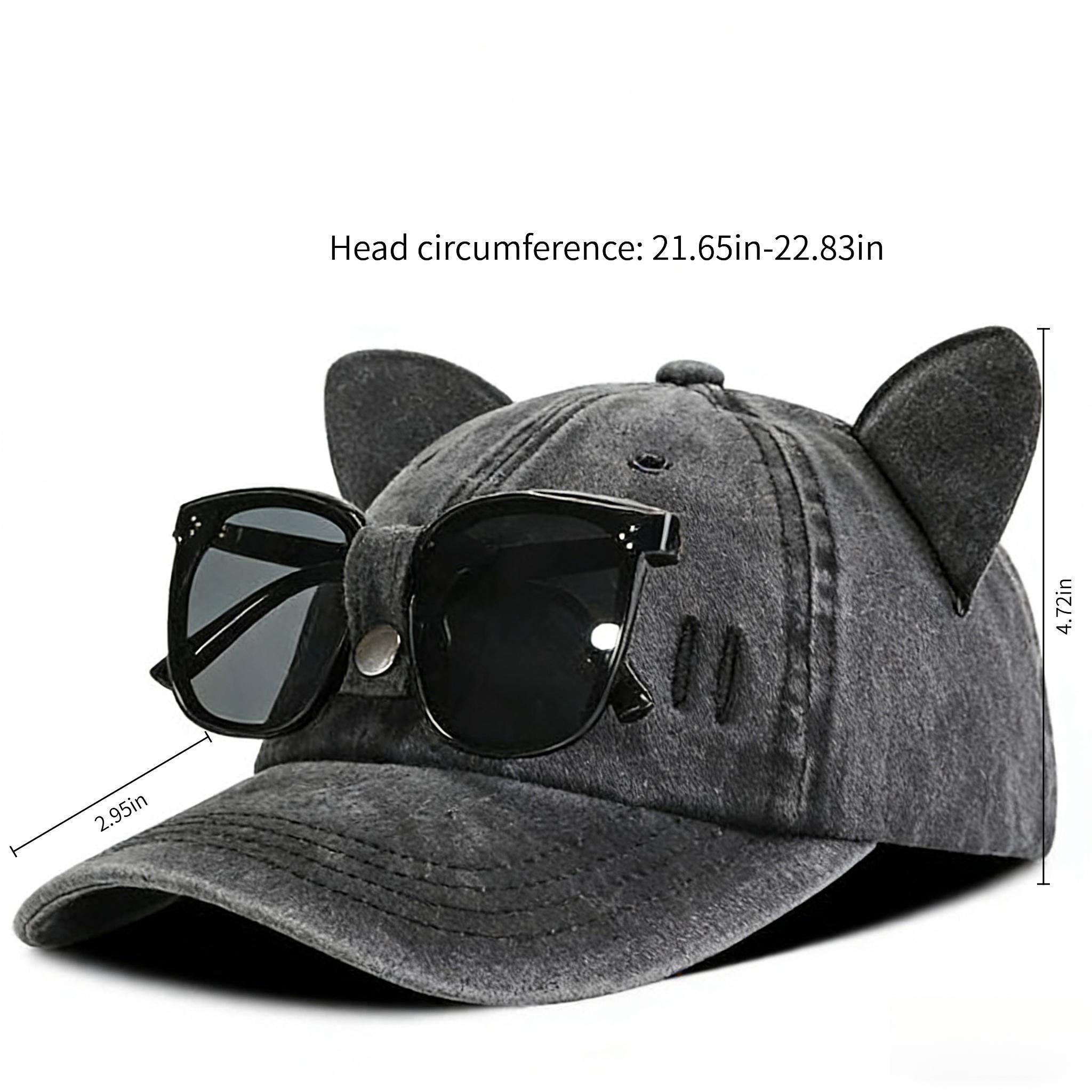 Close-up measurement view of washed cat ear cap with sunglasses