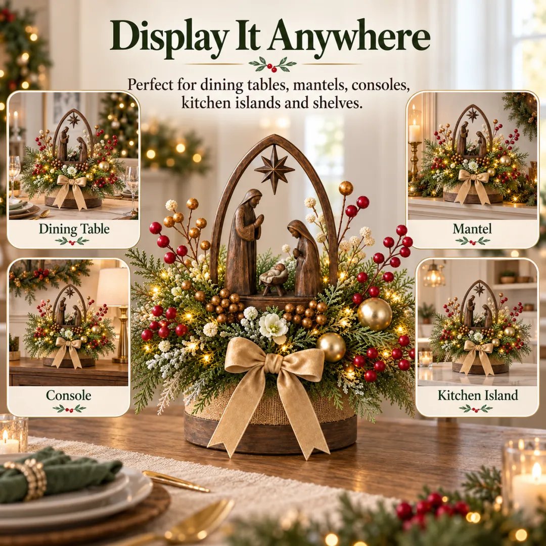 Nativity centerpiece displayed in multiple indoor locations