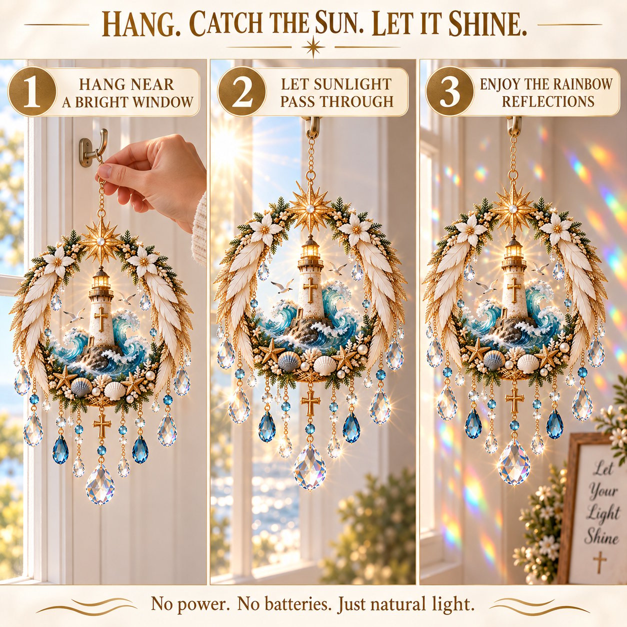 Lighthouse suncatcher display guide: hang near a bright window, let sunlight pass through, and enjoy the reflections