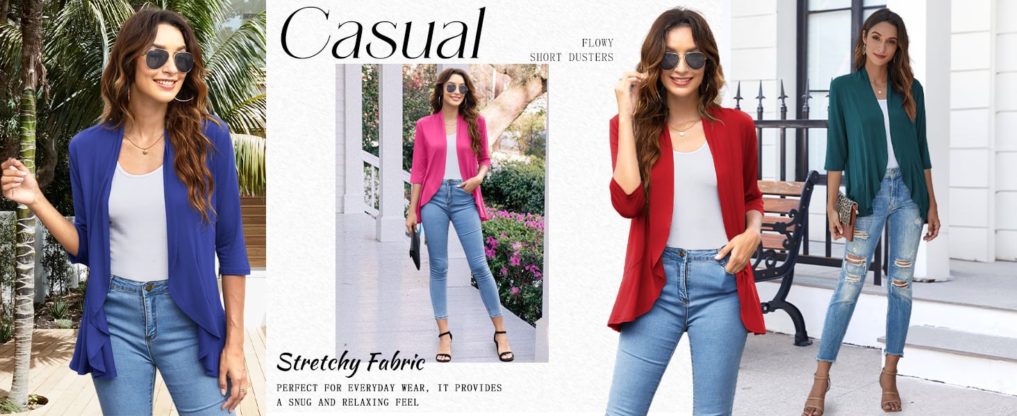 Women Casual 3/4 Sleeve Open Front Cardigan Sweaters Soft Lightweight Cardigan Dusters