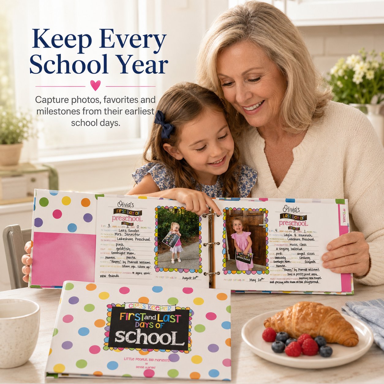 Grandmother and young girl looking through an open first and last days of school memory binder
