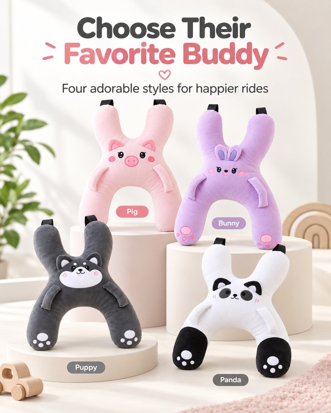 Pink pig lavender bunny puppy and panda travel pillow styles