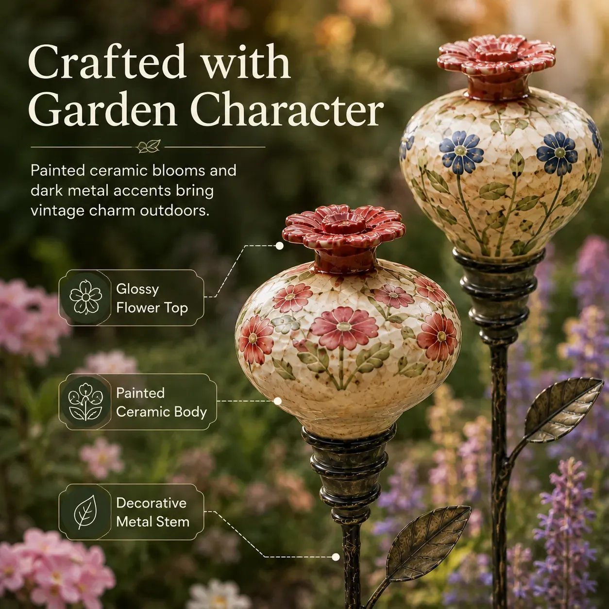 Painted ceramic body flower top and decorative metal stem details