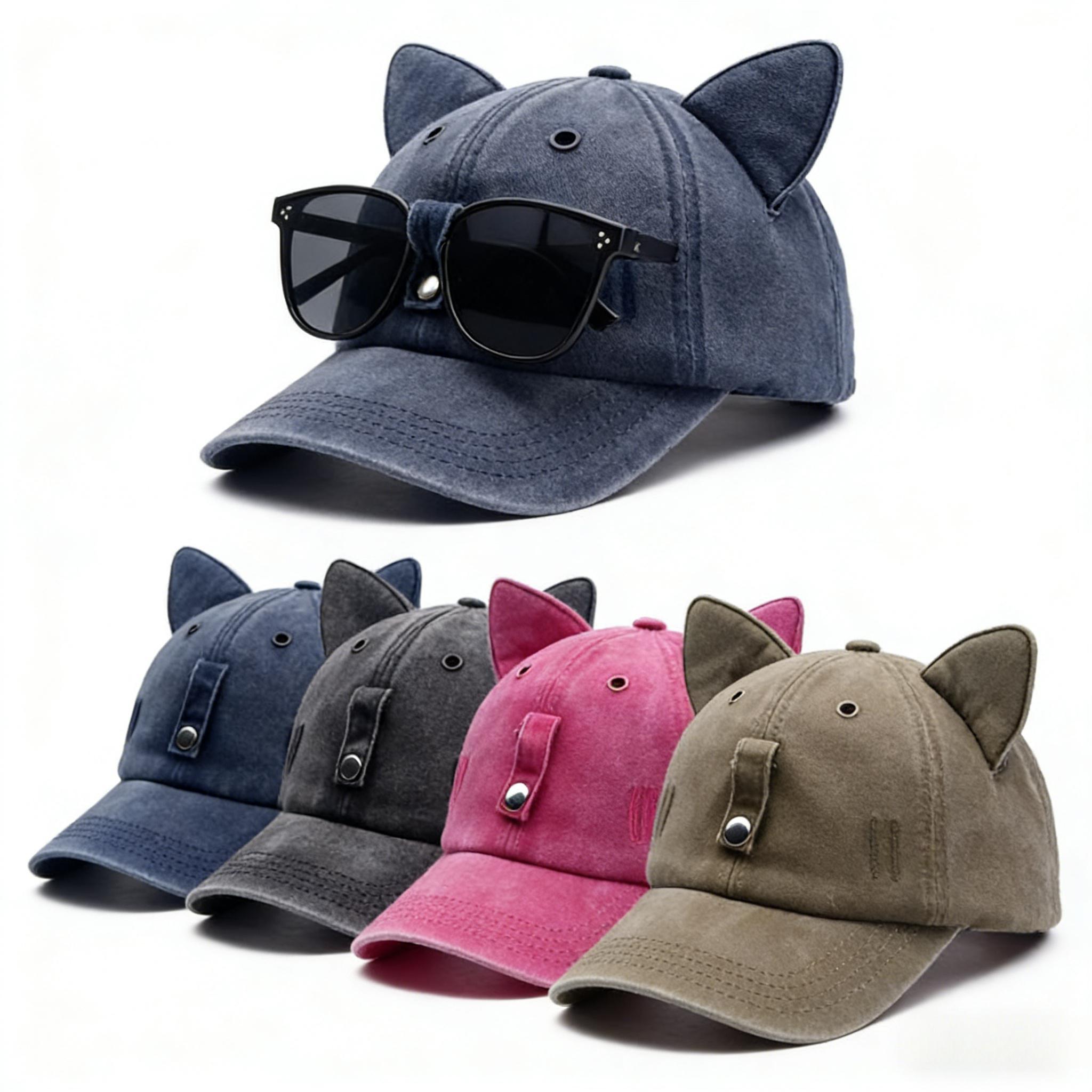 Y2K cat ear washed snapback hat with detachable sunglasses in multiple colors