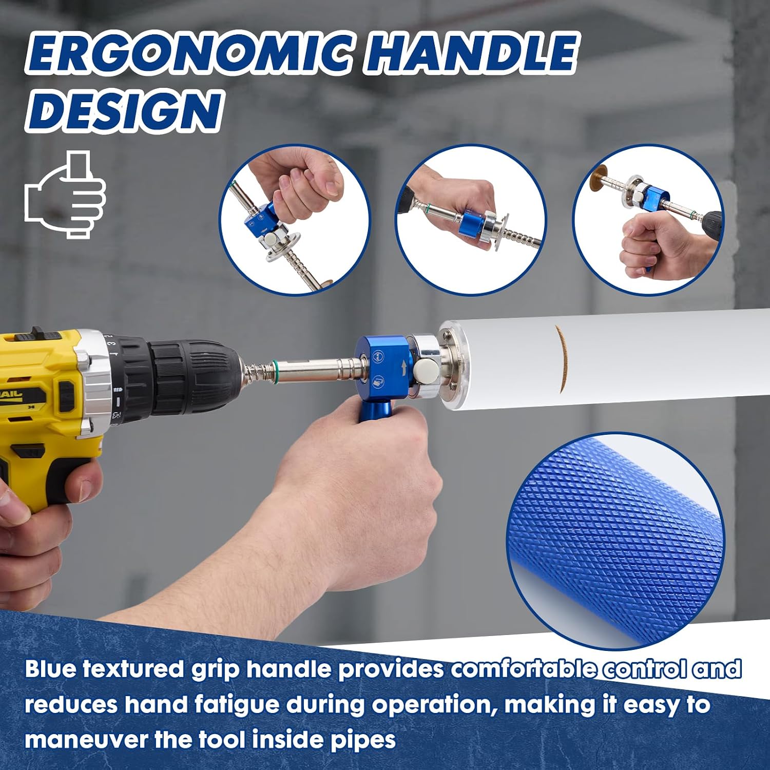 Textured blue control handle on internal pipe cutter