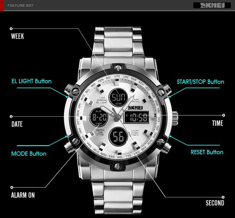 SKMEI Fashion Multi functional Sports Men's Watch, 48Mm Metal Case with 3 Time Zone Night Light 30M Waterproof Stainless Steel Strap, Dual Time Display, Timer, Calendar, Alarm Clock Function Watch Wristwatch SKMEI Fashion Multi functional Sports Men's Watch, 48Mm Metal Case with 3 Time Zone Night Light 30M Waterproof Stainless Steel Strap, Dual Time Display, Timer, Calendar, Alarm Clock Function Watch Wristwatch