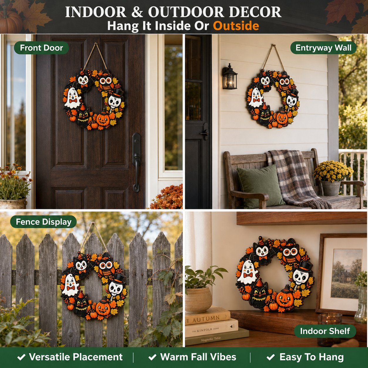 3D Halloween wood door hanger displayed on a porch with pumpkins and fall decor