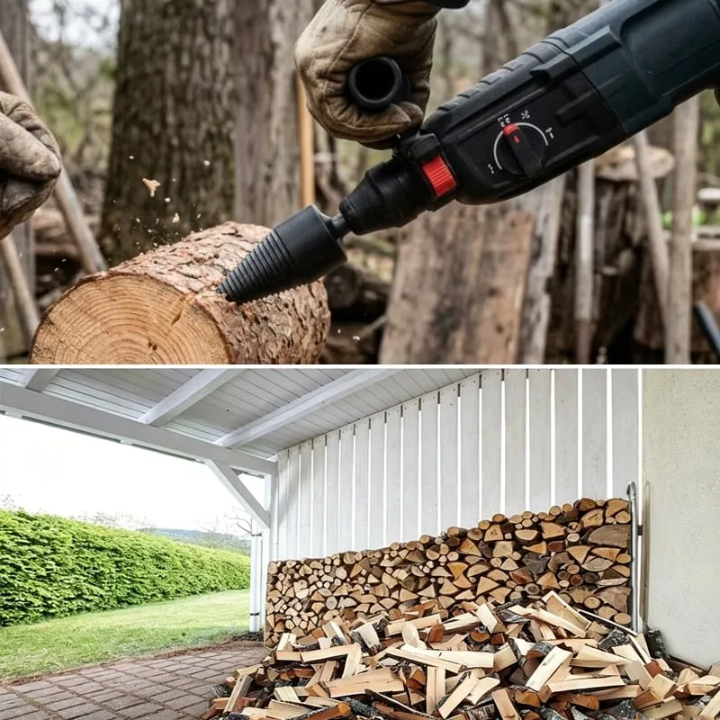 Firewood drill bit and stacked firewood scene