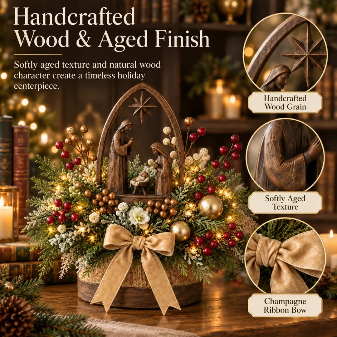 Aged wood-look Nativity scene and champagne ribbon details