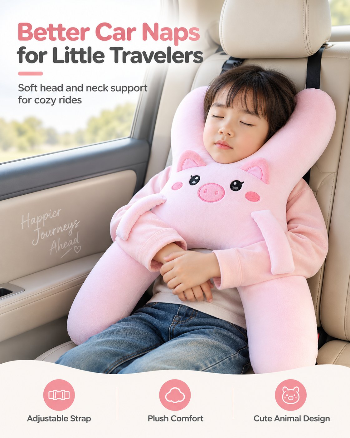 Cute plush travel pillow for children in a car