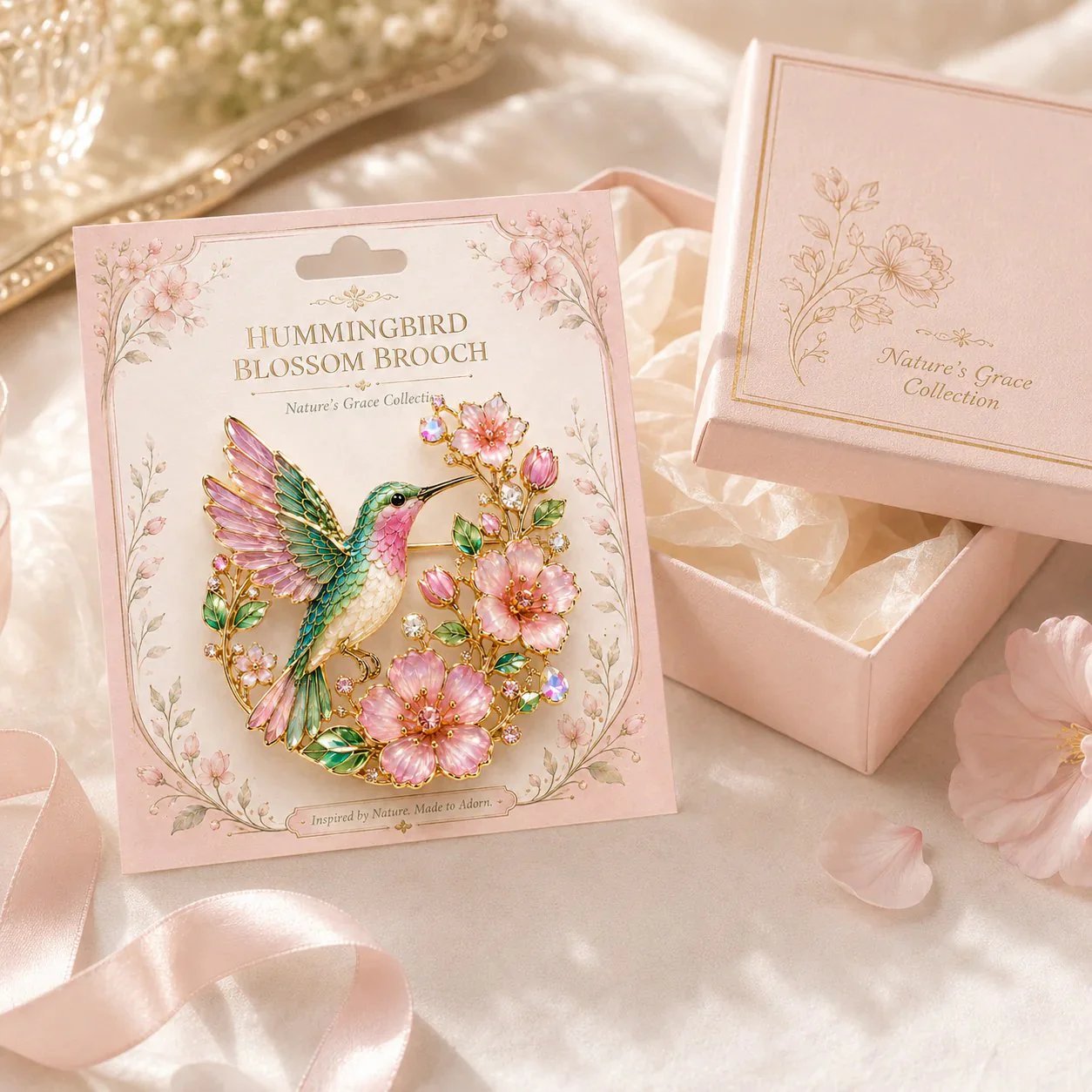 Hummingbird blossom brooch detail