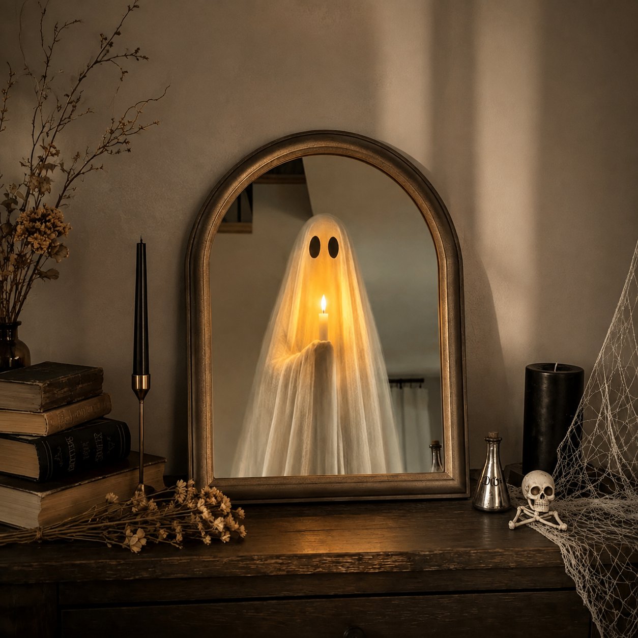 Halloween ghost mirror displayed on a mantel shelf or entryway table