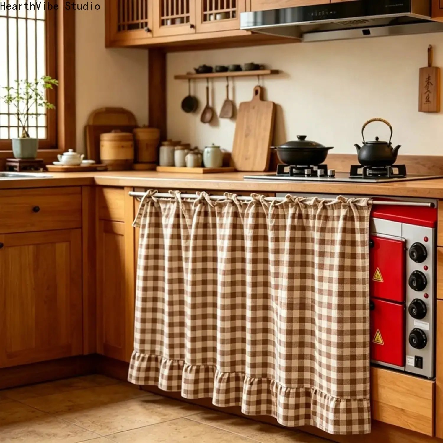【SummerWins】2026 Farmhouse-Style Stove Curtain, Gingham Grid Ruffle-Edge Tier Curtains, Rural Short Window Valance, Home Kitchen Dust Cover, Plaid Floral Window Treatments, Aesthetic House Decor, Unique Room Decor