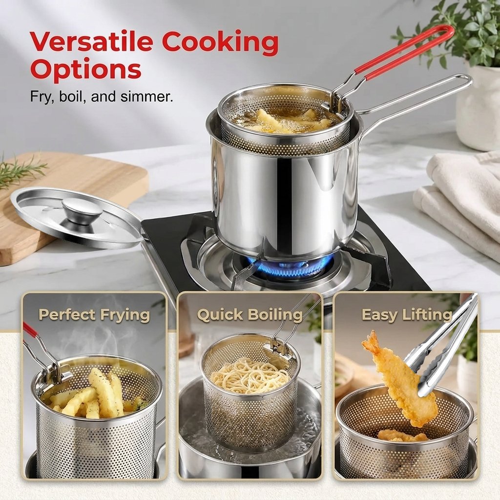 Compact deep frying pot set and included accessories