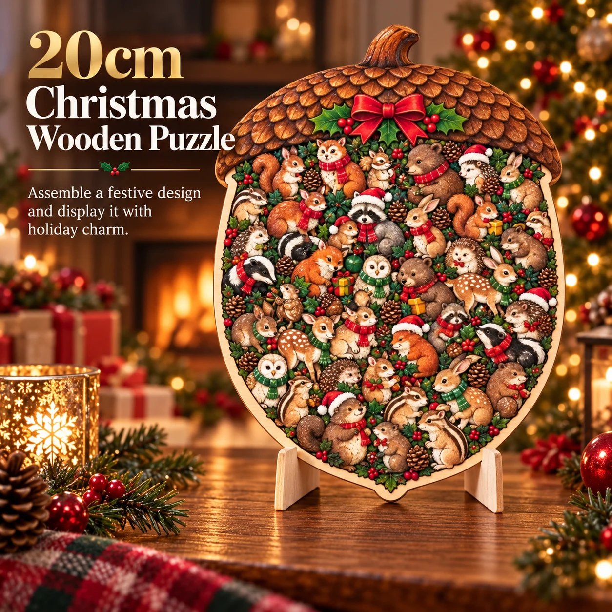 Wooden Christmas puzzle with winter design and matching stand