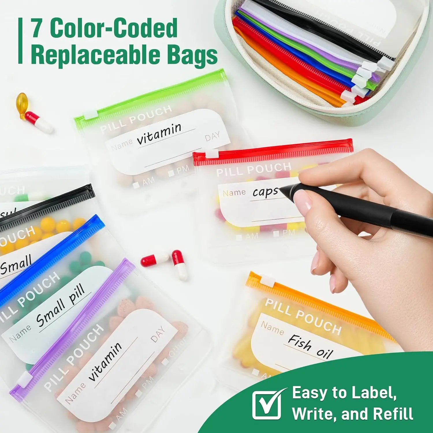 A8 Waterproof Pill Pouch Set, Large Weekly Pill Organizer with 14 Color-Coded Medicine Pouches, Reusable Travel Medicine Organizer, Zippered Pill Storage for Fish Oils, Vitamins, dealsforyou, summerwins