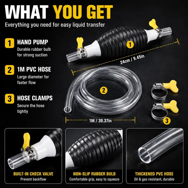 Manual siphon pump kit package contents Manual siphon pump kit package contents