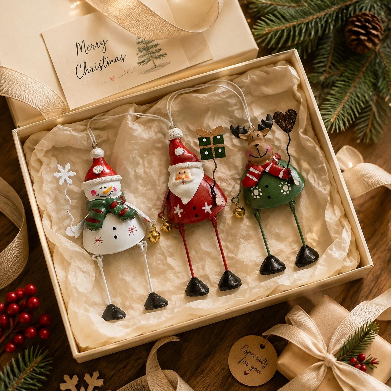 Santa snowman and reindeer metal ornaments presented as Christmas gifts