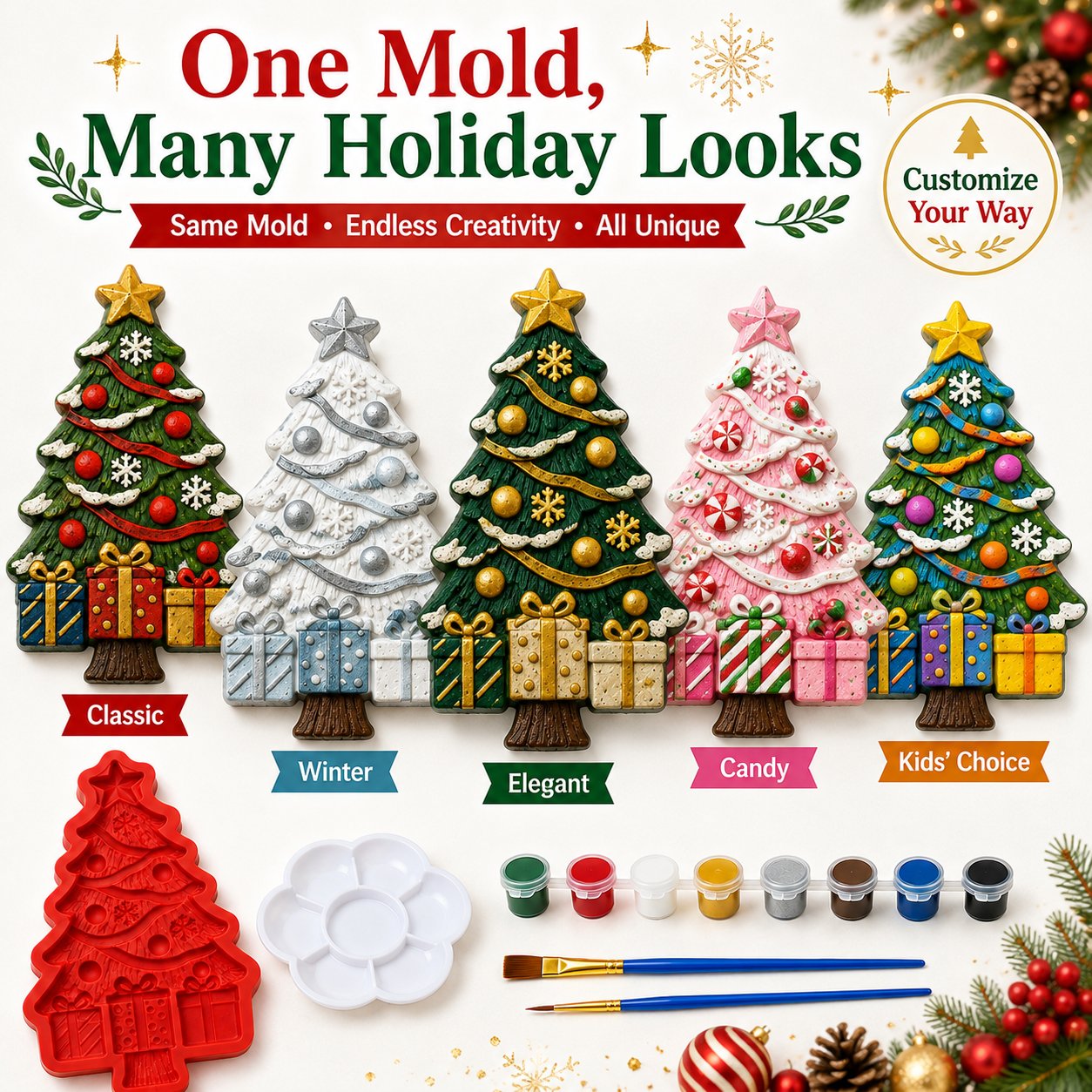 DIY Christmas tree craft kit contents with reusable mold paints brushes and accessories