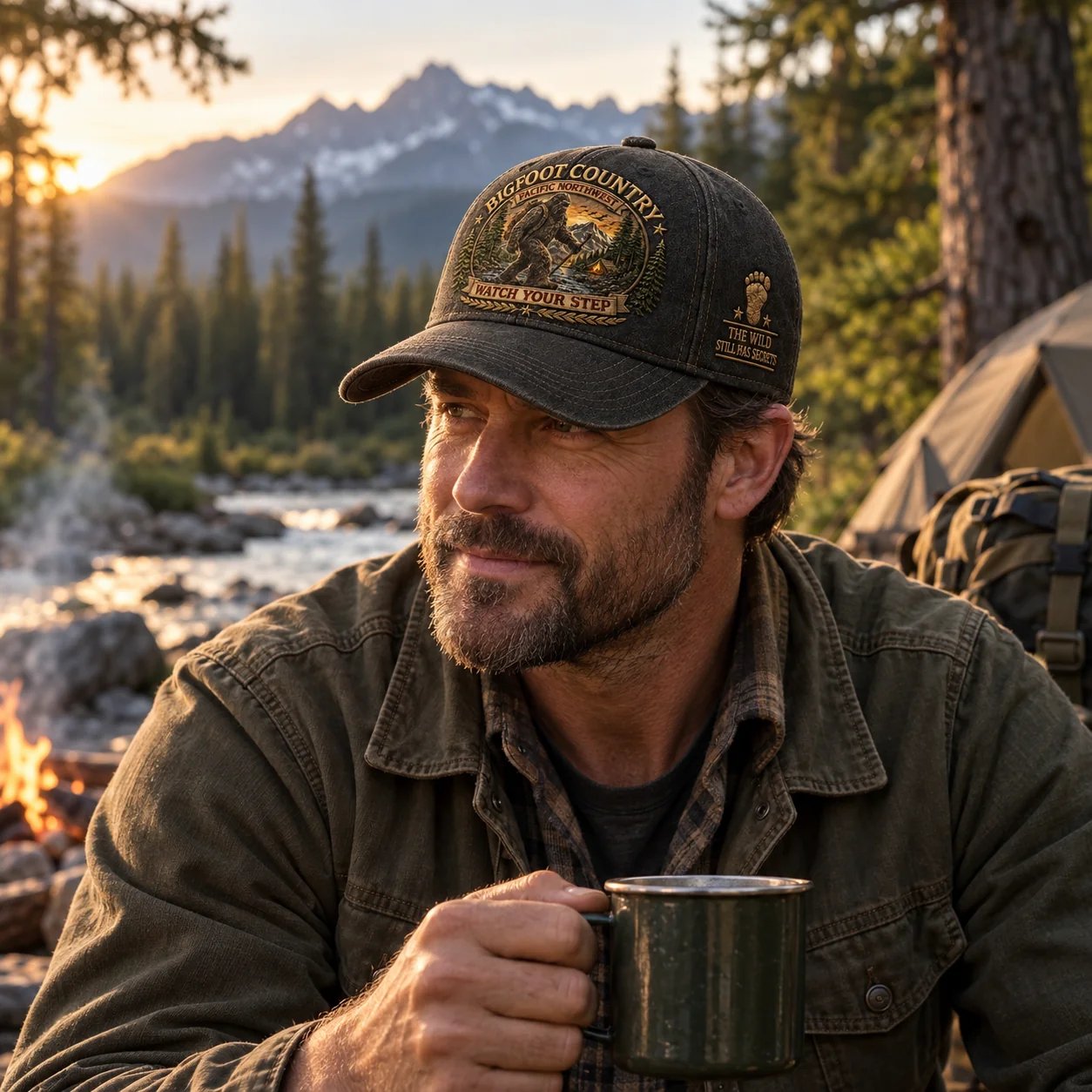 Man wearing Bigfoot Country cap beside a campfire