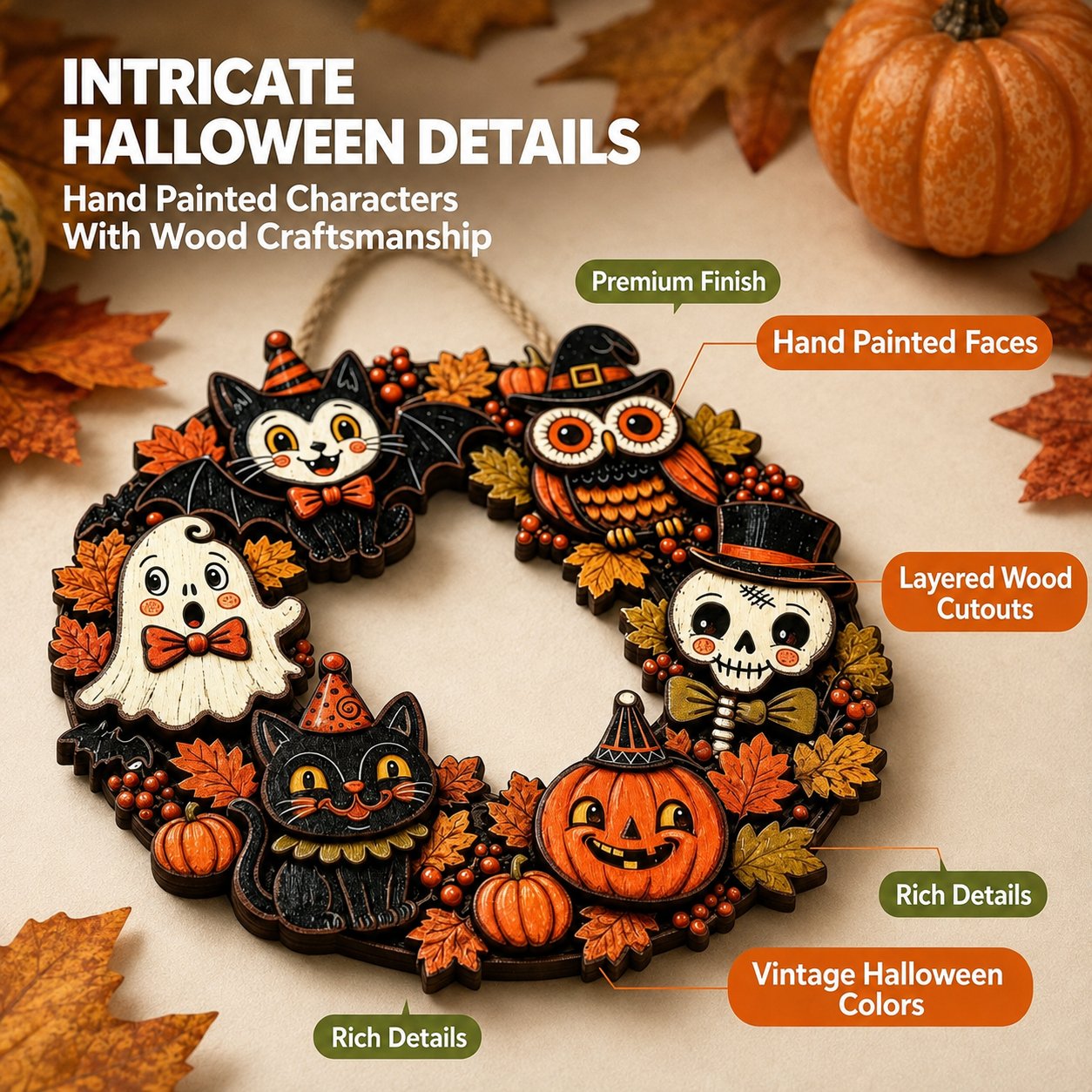Halloween wooden door hanger with layered 3D details and protective coating
