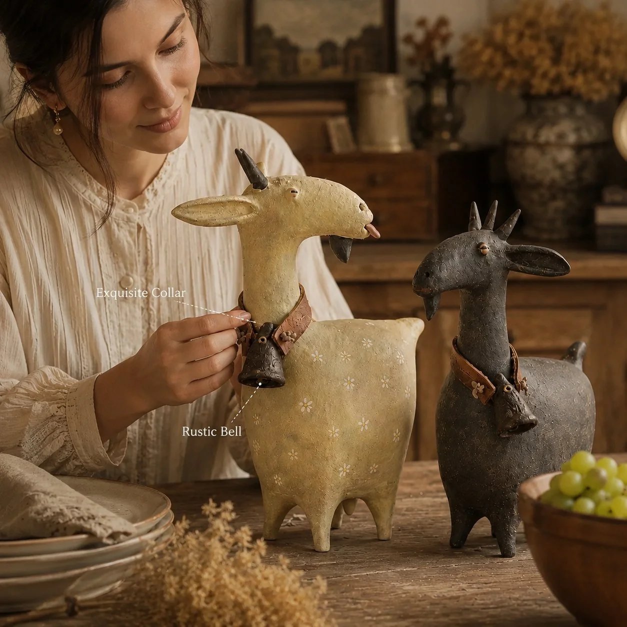 Rustic collar and bell detail on goat figurines