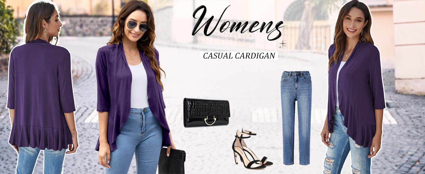 Women Soft Drape Flowy Lightweight 3/4 Sleeve Cardigan Sweaters Loose Casual Fall Cardigan Dusters