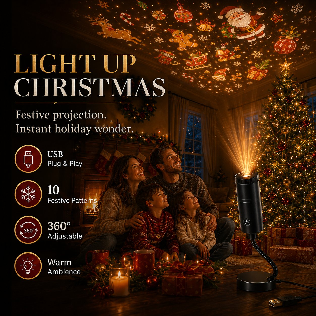 Christmas projector scenes with snowflakes Santa and holiday imagery