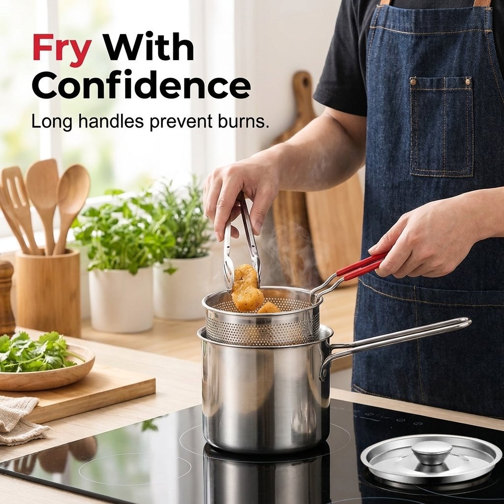 Long handle basket and tongs for compact deep frying pot