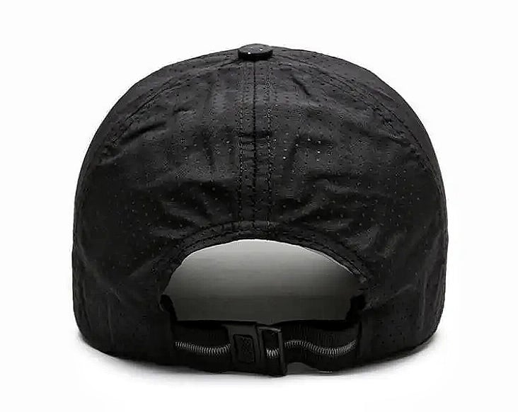 Rear view of black adjustable running cap