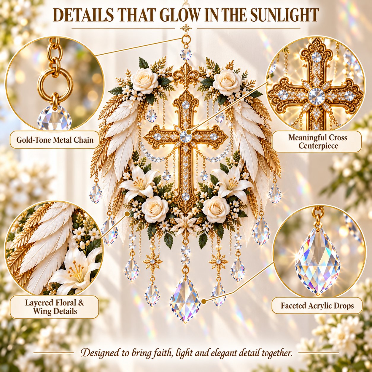Cross and White Flowers suncatcher with labelled metal chain, floral and wing details, and acrylic drops