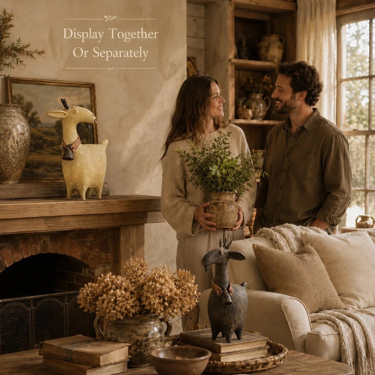 Goat figurines displayed separately in farmhouse home