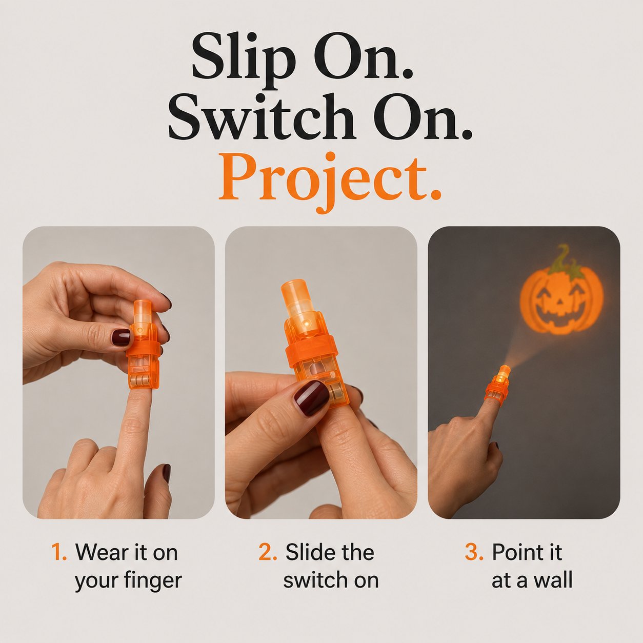 Three-step guide showing how to wear the projector on a finger, switch it on and point it at a wall