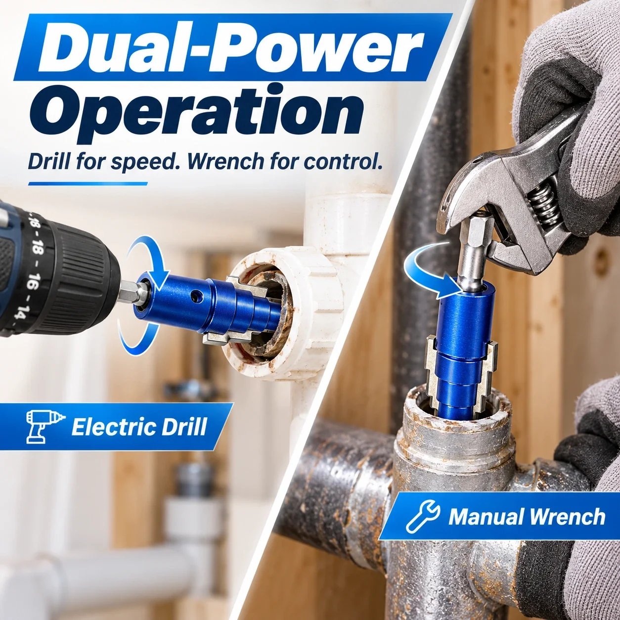 Dual-power pipe extractor operation with drill and manual wrench