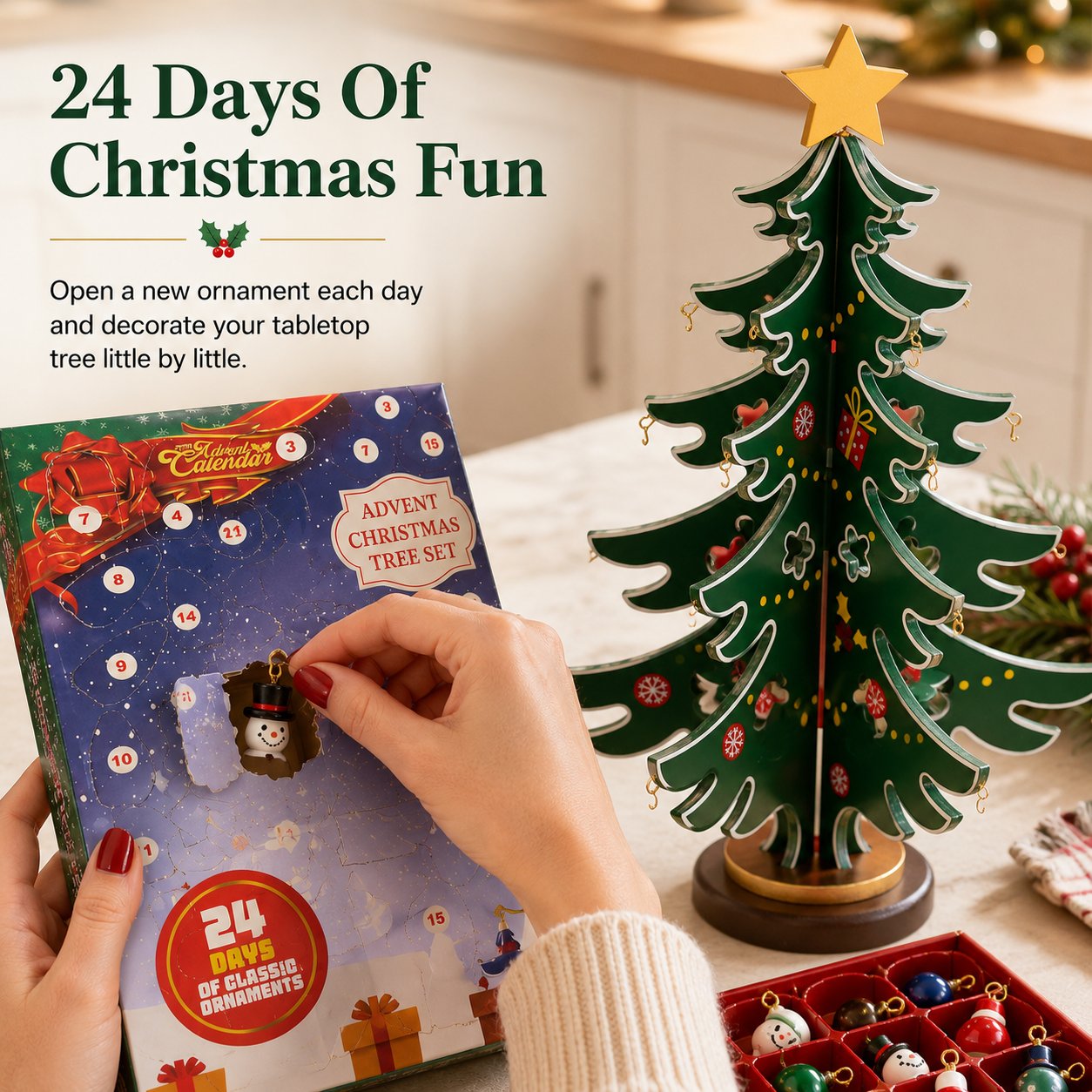 Opening a numbered Christmas Advent calendar window beside the wooden tabletop tree