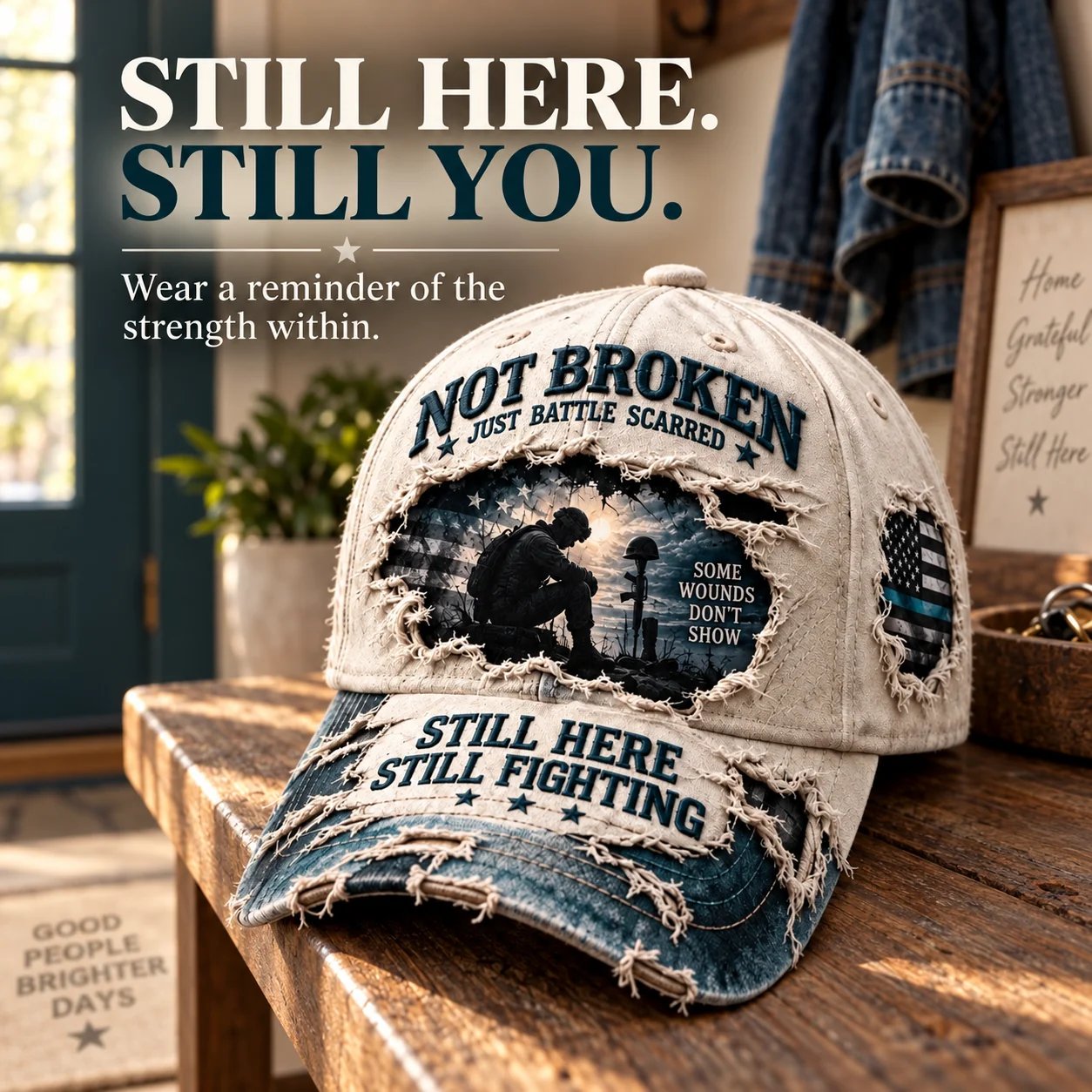 Adjustable rear strap of veteran awareness baseball cap