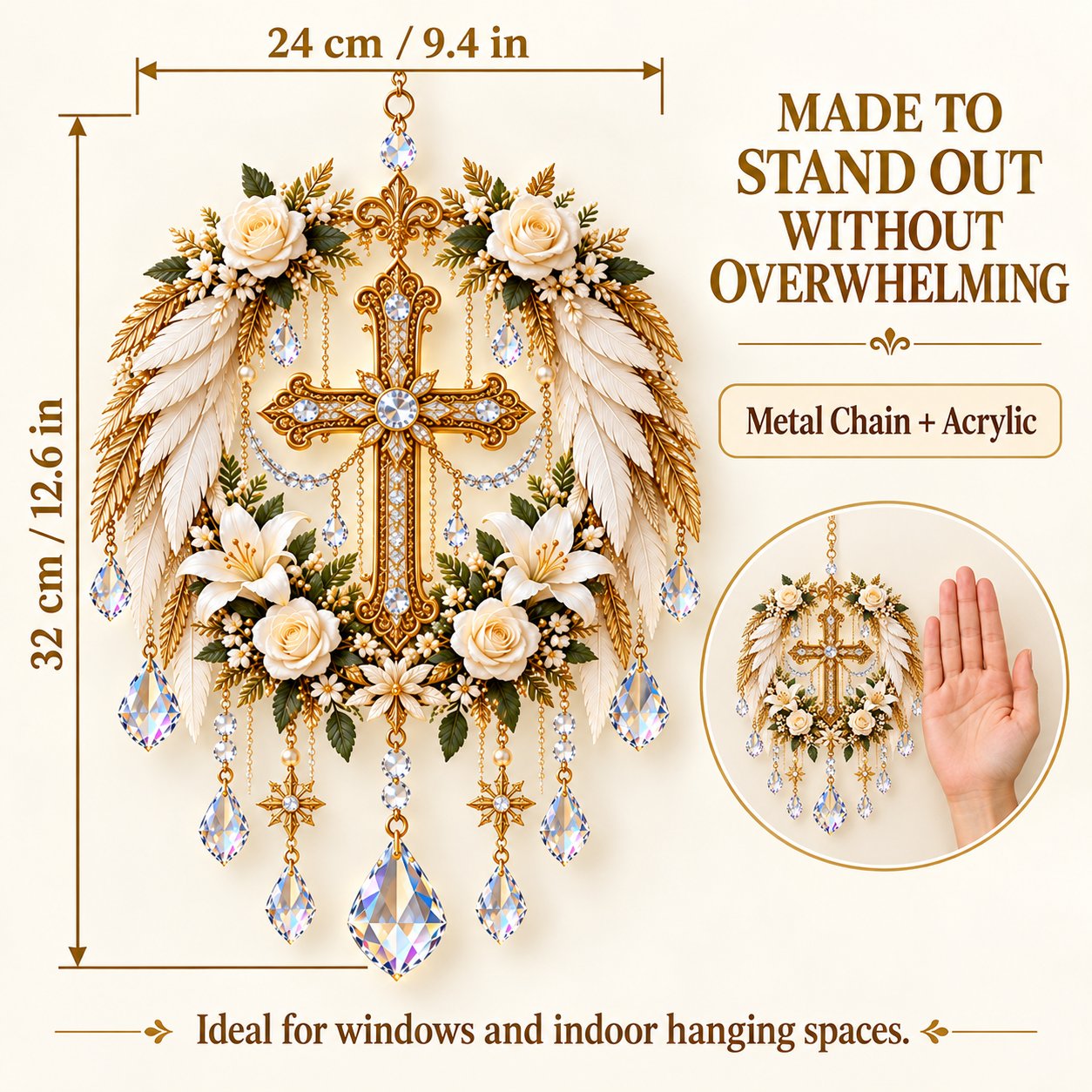 Cross and White Flowers size diagram showing height 32 cm or 12.6 inches and width 24 cm or 9.4 inches