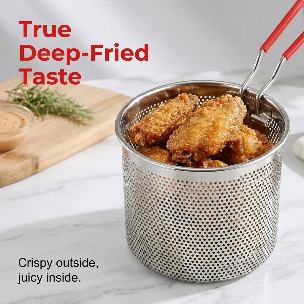 Golden deep-fried chicken wings in the personal fryer basket