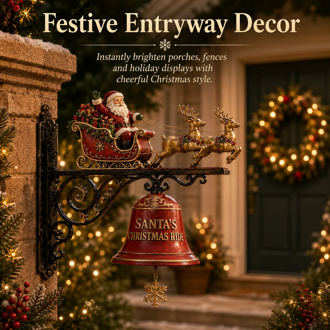Santa sleigh Christmas bell displayed at a festive entryway