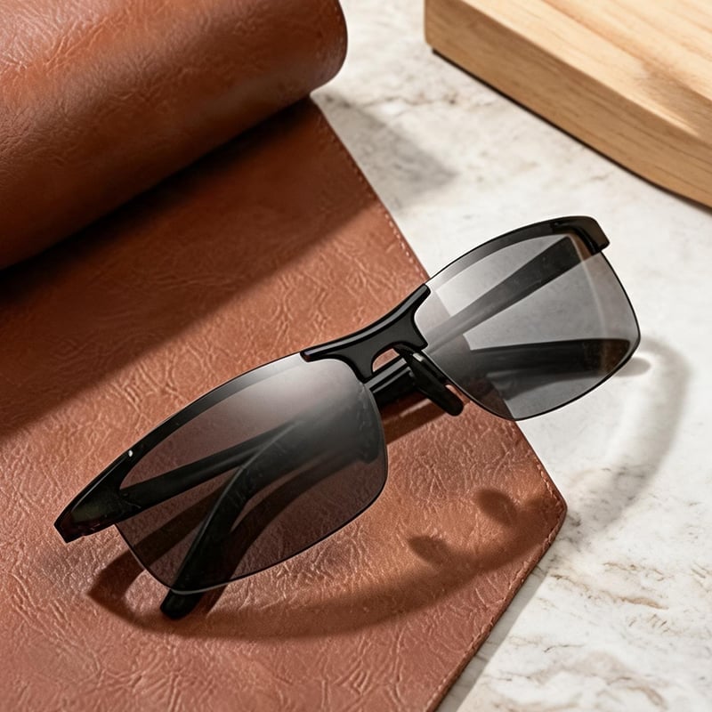 Original product photograph of black half-rim sunglasses