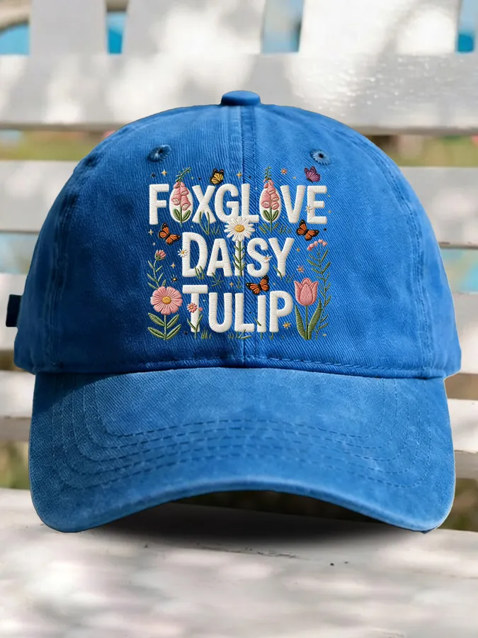 Retro Bohemian Florals Foxglove Daisy Tulip Print Baseball Cap display picture 3
