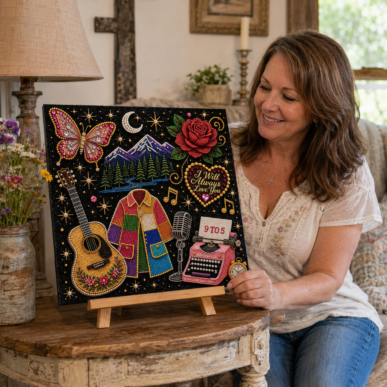 Customer displaying the completed I Will Always Love You bead art design