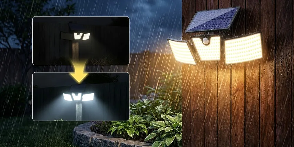 Three-head solar motion sensor security light installed outdoors