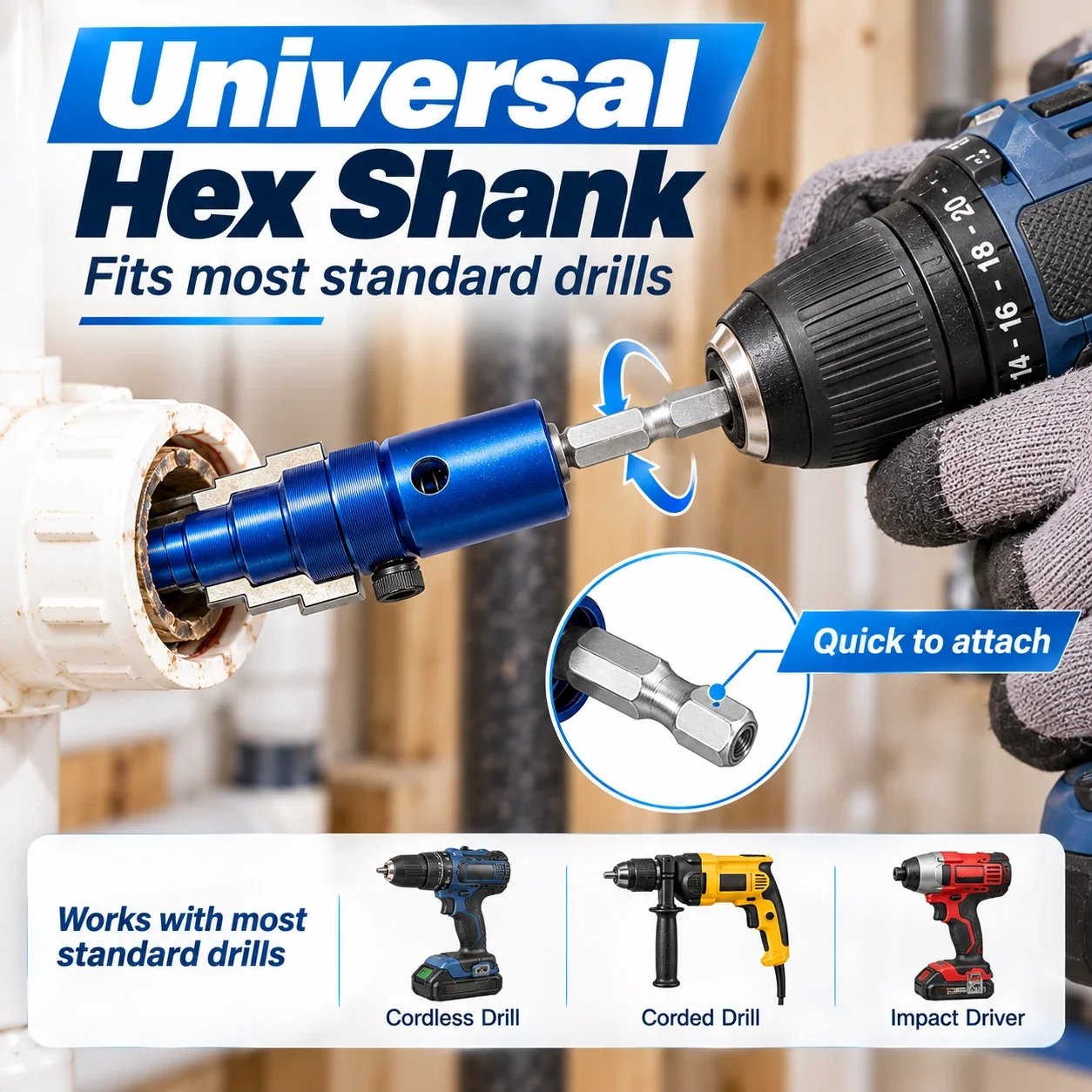 Universal hex shank pipe extractor connected to a standard drill
