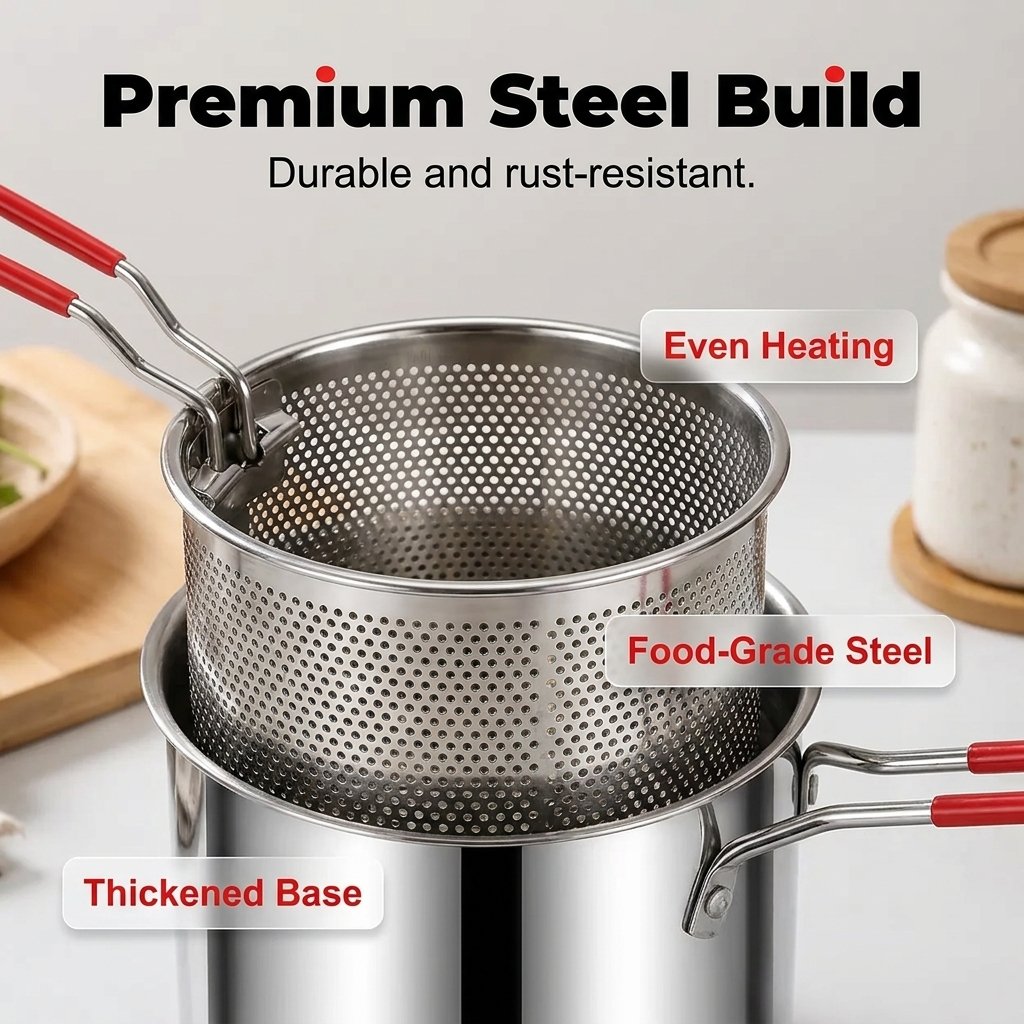 Stainless steel frying pot designed for stovetop heating