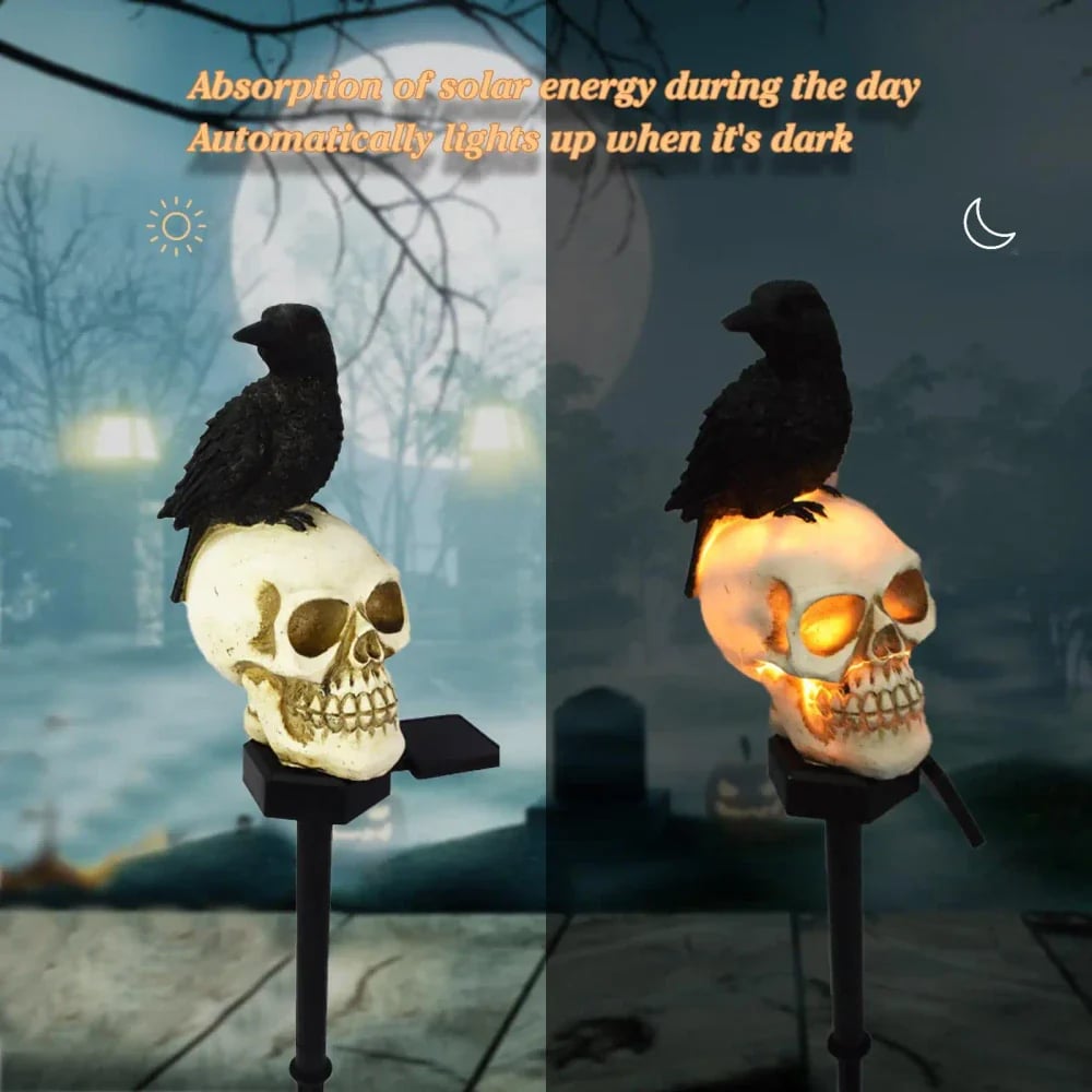 Solar Halloween raven skull decoration outdoors
