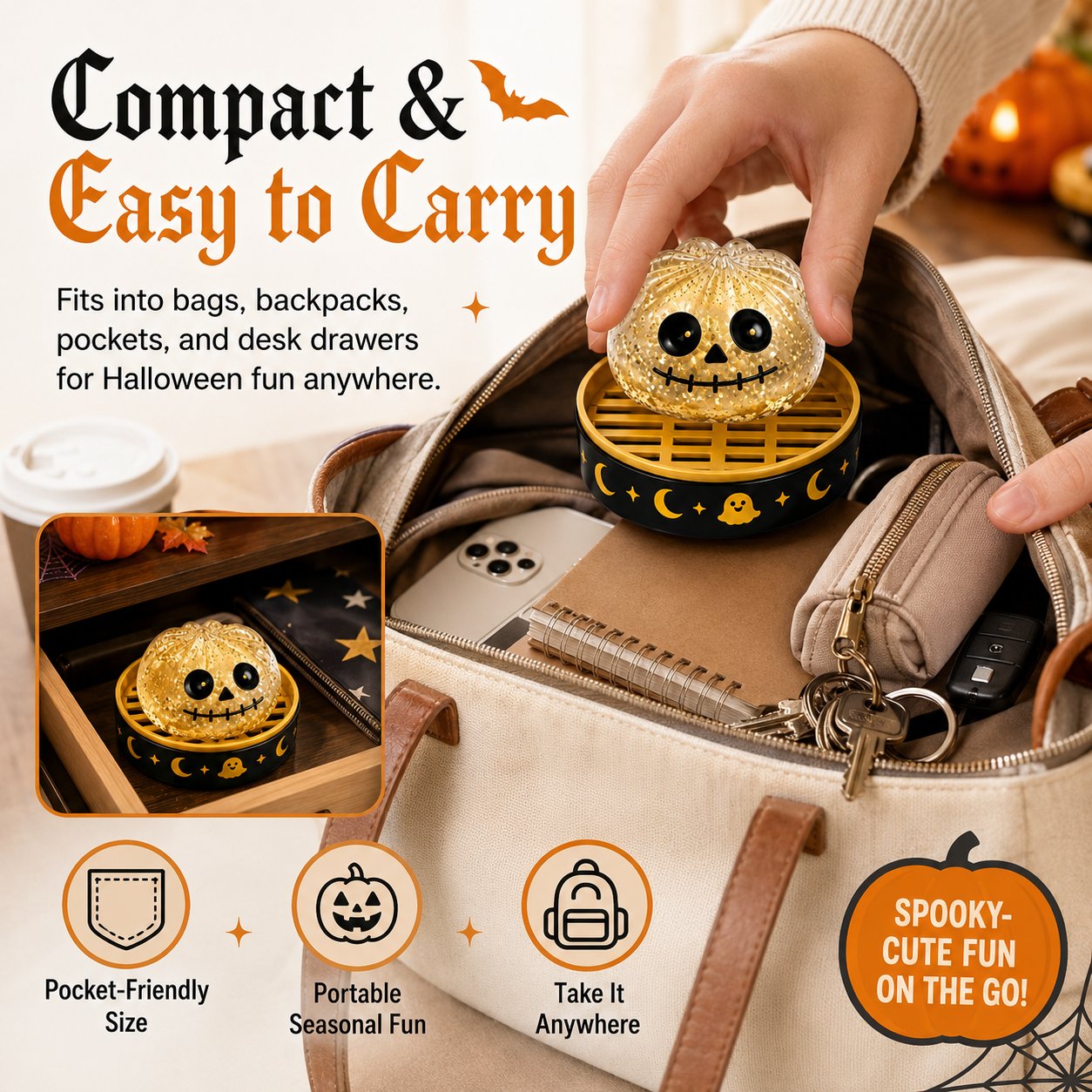 Portable Halloween squishy stored in bag and desk drawer