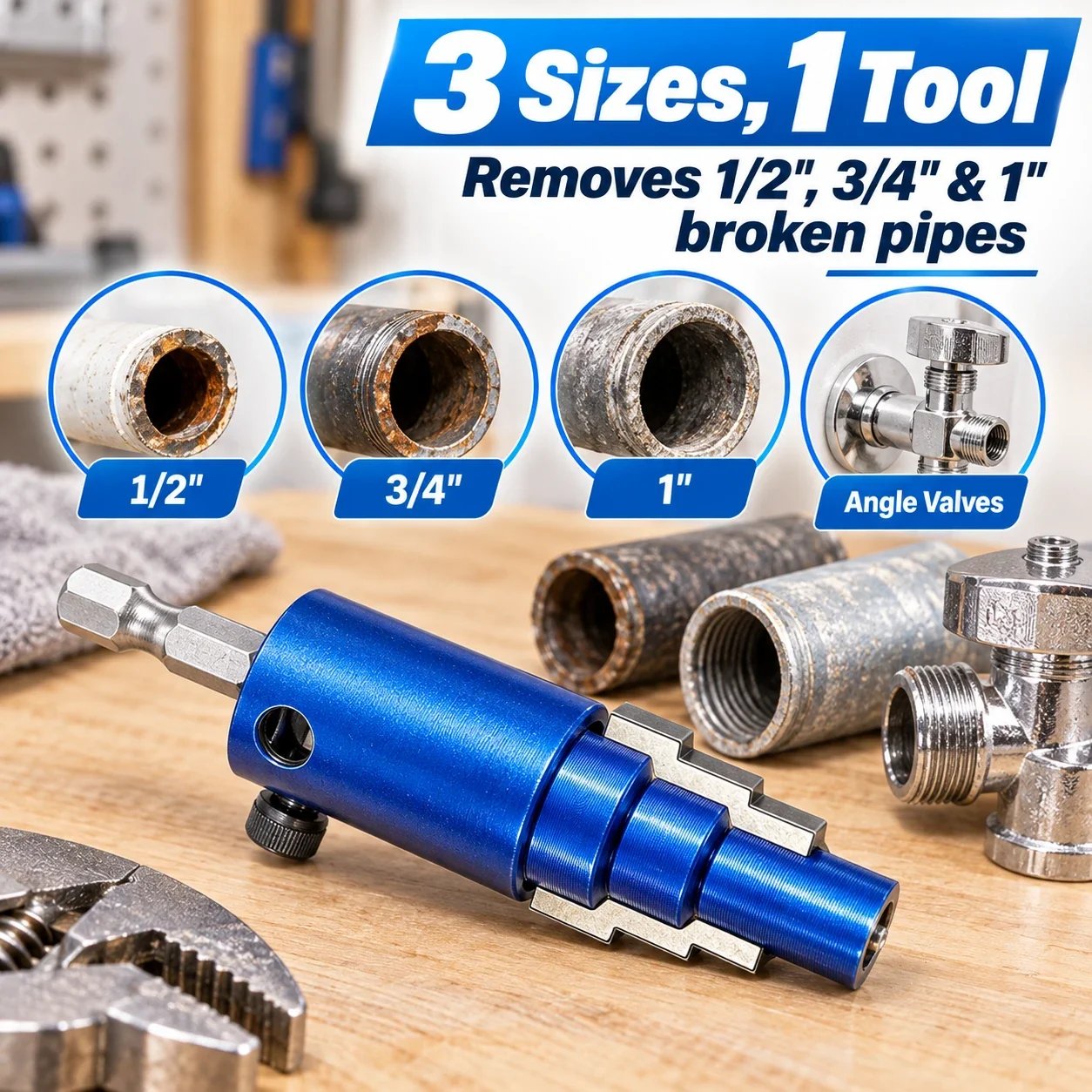 Pipe extractor compatible with one-half, three-quarter and one-inch pipes